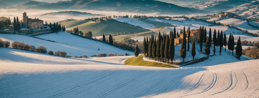 A winter landscape in Tuscany with snow and cold weather, showcasing the contrast between warm and cold temperatures.