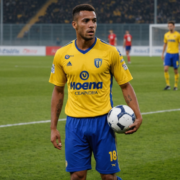 A football player in a jersey representing Modena Fc, transitioning to Catania, with a football field in the background.