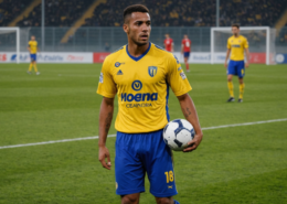 A football player in a jersey representing Modena Fc, transitioning to Catania, with a football field in the background.