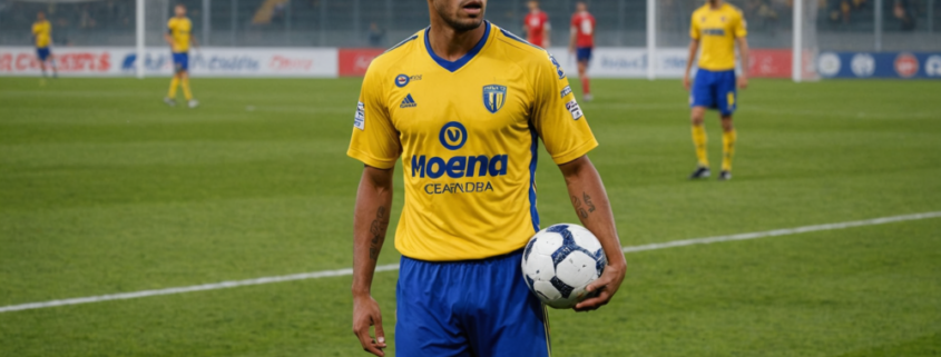 A football player in a jersey representing Modena Fc, transitioning to Catania, with a football field in the background.
