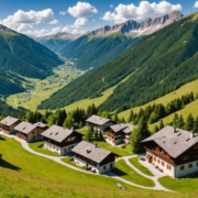 A beautiful mountain landscape in Abetone, Italy, showcasing winter sports activities and summer hiking trails, with coz