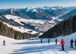 Snowy landscape in Abetone with ski slopes and people enjoying winter sports