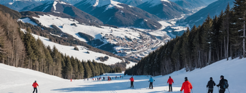 Snowy landscape in Abetone with ski slopes and people enjoying winter sports