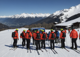 Emergency response on ski slopes in Abetone, Italy, with rescue teams and ski equipment.