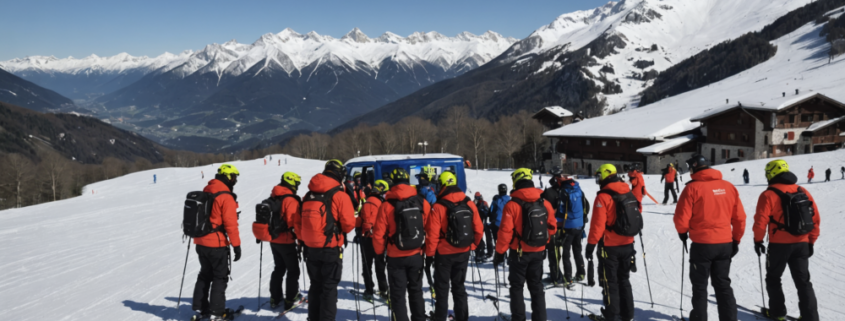 Emergency response on ski slopes in Abetone, Italy, with rescue teams and ski equipment.