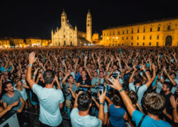 A lively concert scene with Coez performing on stage in Pisa, vibrant atmosphere, summer night, audience enjoying the mu