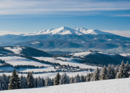 Snow landscape in Tuscany with Abetone and Amiata mountains covered in snow
