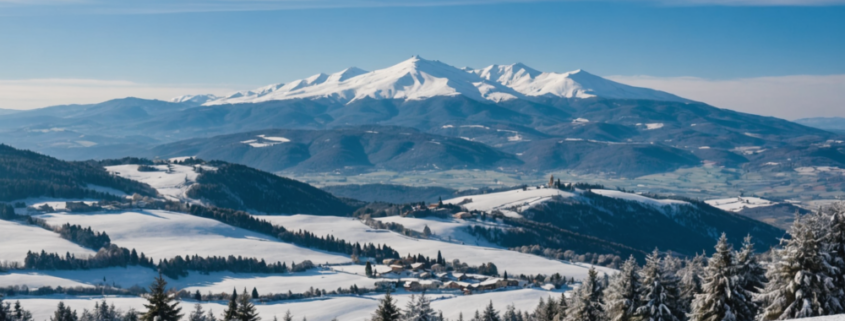 Snow landscape in Tuscany with Abetone and Amiata mountains covered in snow