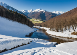 A snowy landscape in the Apennines, featuring almost half a meter of snow at Abetone and Mount Amiata, with rising river