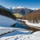 A snowy landscape in the Apennines, featuring almost half a meter of snow at Abetone and Mount Amiata, with rising river