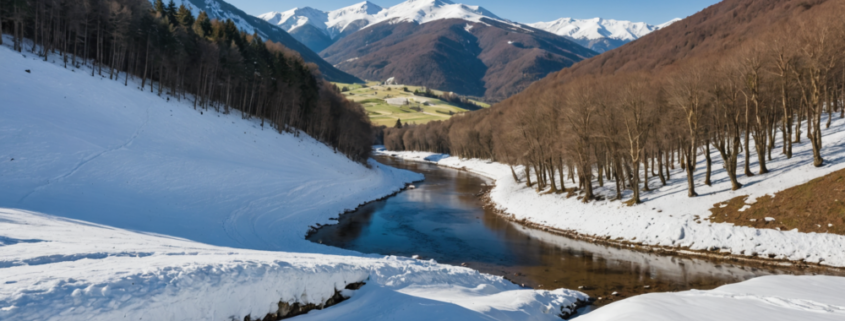 A snowy landscape in the Apennines, featuring almost half a meter of snow at Abetone and Mount Amiata, with rising river