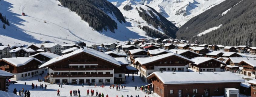A ski resort with snowy slopes and rescue operations in progress, emphasizing safety measures and emergency response.